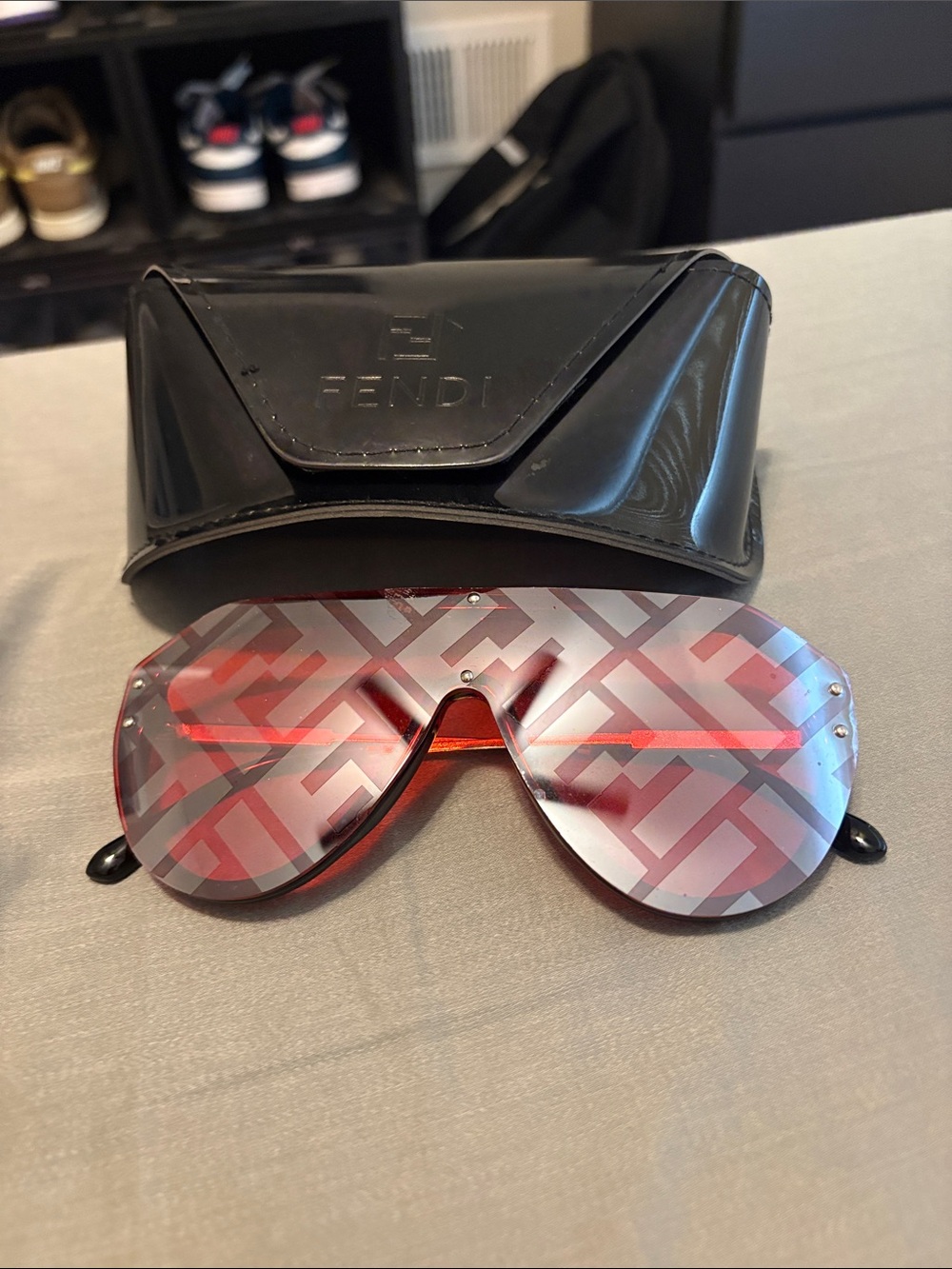 Fendi Red Shield Sunglasses with FF Pattern and Black Case